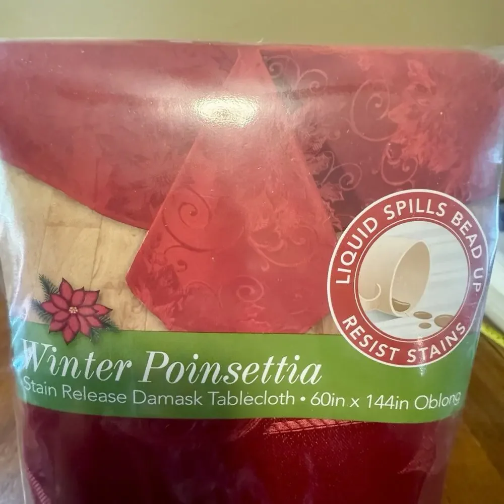 Poinsettia Red Damask Tablecloth Holiday 60x144 Oblong Stain Release NIP
